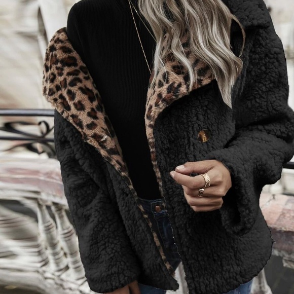 Black Leopard Print Button up Teddy Coat Jacket - Picture 10 of 11